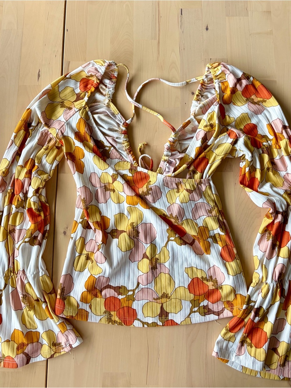 Buckle White Floral Tie-Back Blouse with Yellow, Orange & Pink Flowers